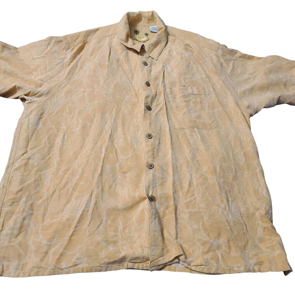 Banana Cabana Mens Button Up Shirt Cantaloupe Size XL 100% Silk Short Sleeve